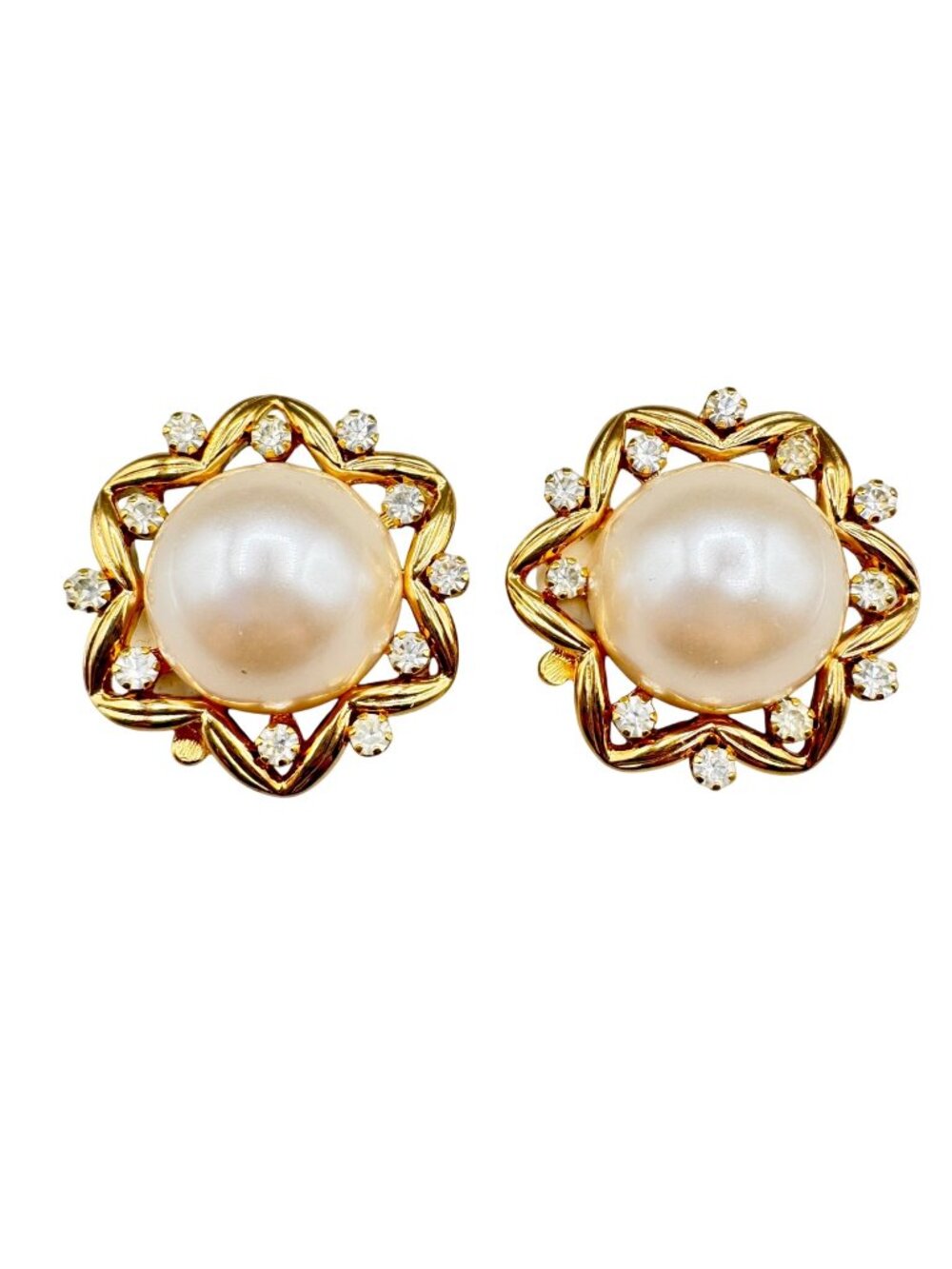 Vtg Joan Rivers Gold Tone Earrings Faux Pearl Rhinestone Clip Huggie White